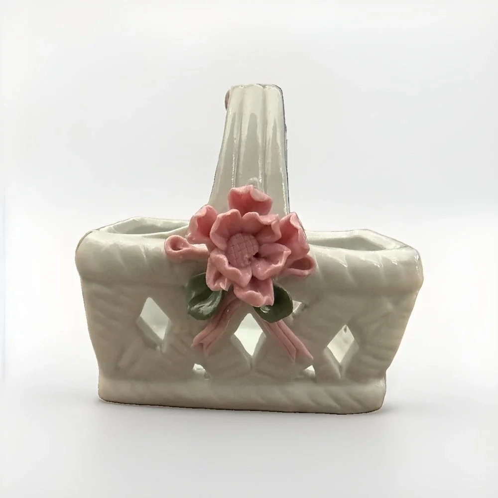 Porcelain Basket Decorative Hand Painted Flowers Miniature Candy Jewelry Trinket